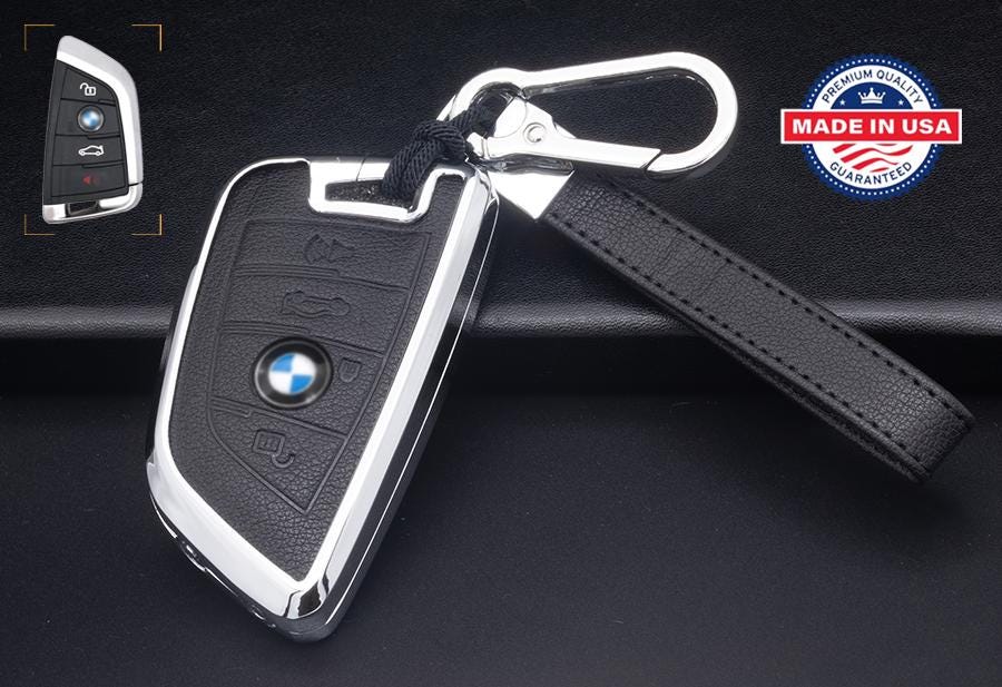 Customizable Leather & Aluminum Key Fob Cover Set for BMW with Keychain