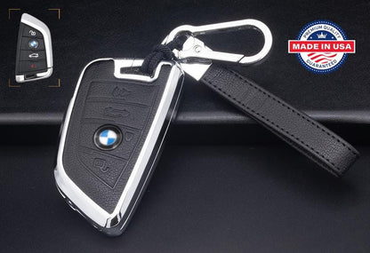 Customizable Leather & Aluminum Key Fob Cover Set for BMW with Keychain