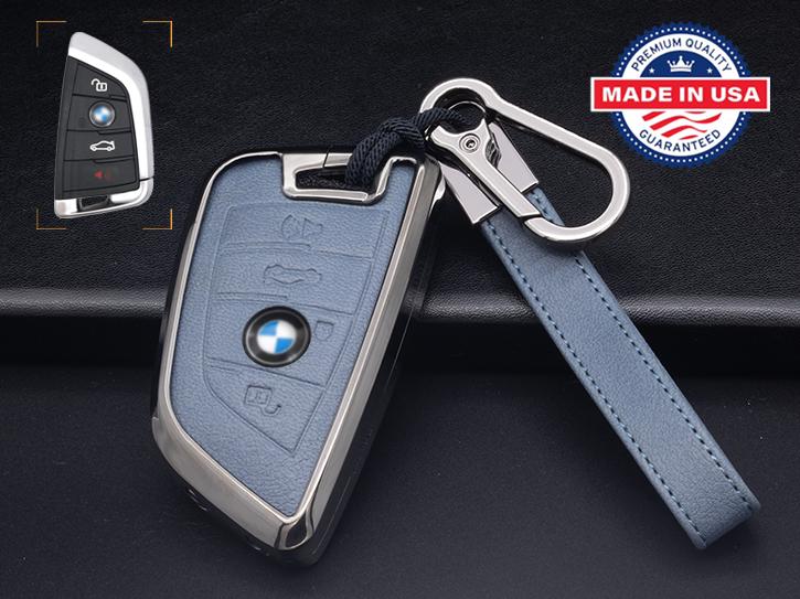 Customizable Leather & Aluminum Key Fob Cover Set for BMW with Keychain
