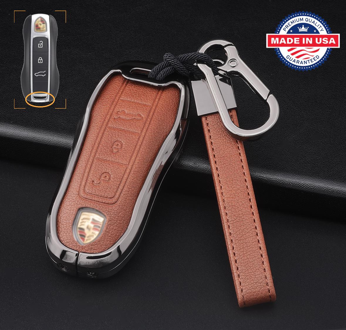 Customizable Leather & Aluminum Key Fob Cover with Keychain for Porsche (3 - button) - Kollen US