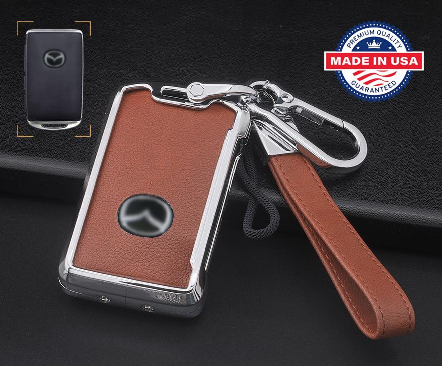 for Mazda Customizable in Leather & Aluminum Key Fob Cover Set with Keychain - Kollen US