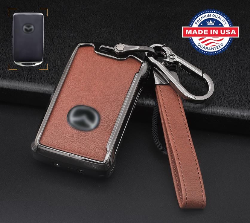 for Mazda Customizable in Leather & Aluminum Key Fob Cover Set with Keychain - Kollen US