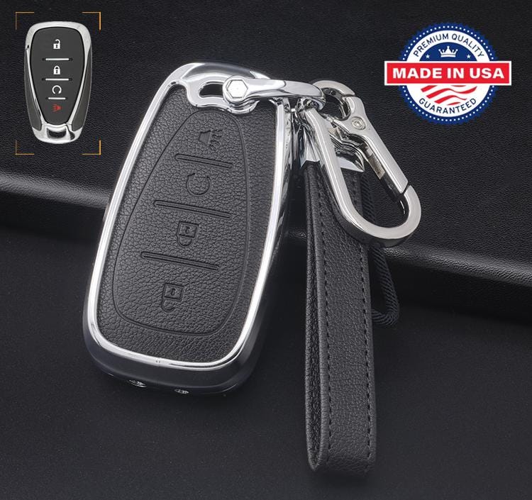 For Chevrolet  - customizable Leather Key Fob Cover with Aluminum Shell & Keychain  (4-Button)