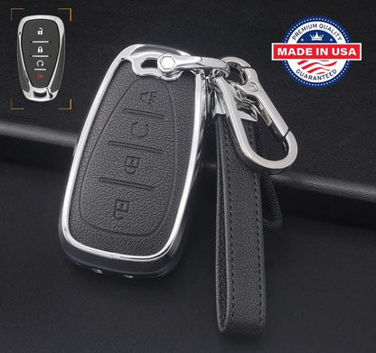 For Chevrolet  - customizable Leather Key Fob Cover with Aluminum Shell & Keychain  (4-Button)