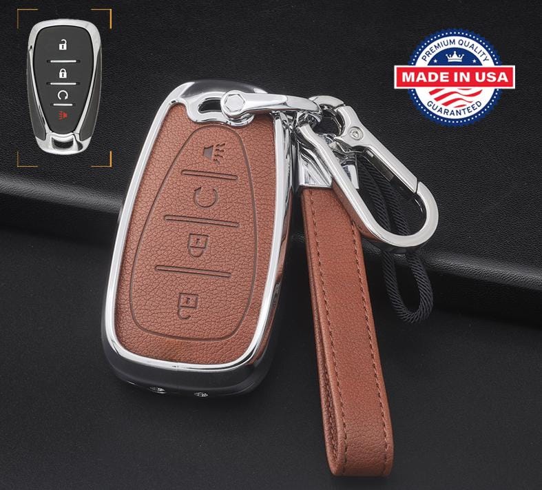 For Chevrolet  - customizable Leather Key Fob Cover with Aluminum Shell & Keychain  (4-Button)