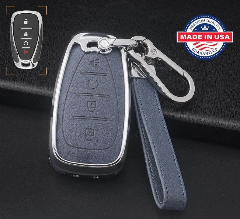 For Chevrolet  - customizable Leather Key Fob Cover with Aluminum Shell & Keychain  (4-Button)