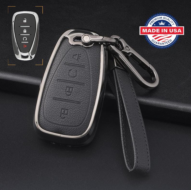 For Chevrolet  - customizable Leather Key Fob Cover with Aluminum Shell & Keychain  (4-Button)