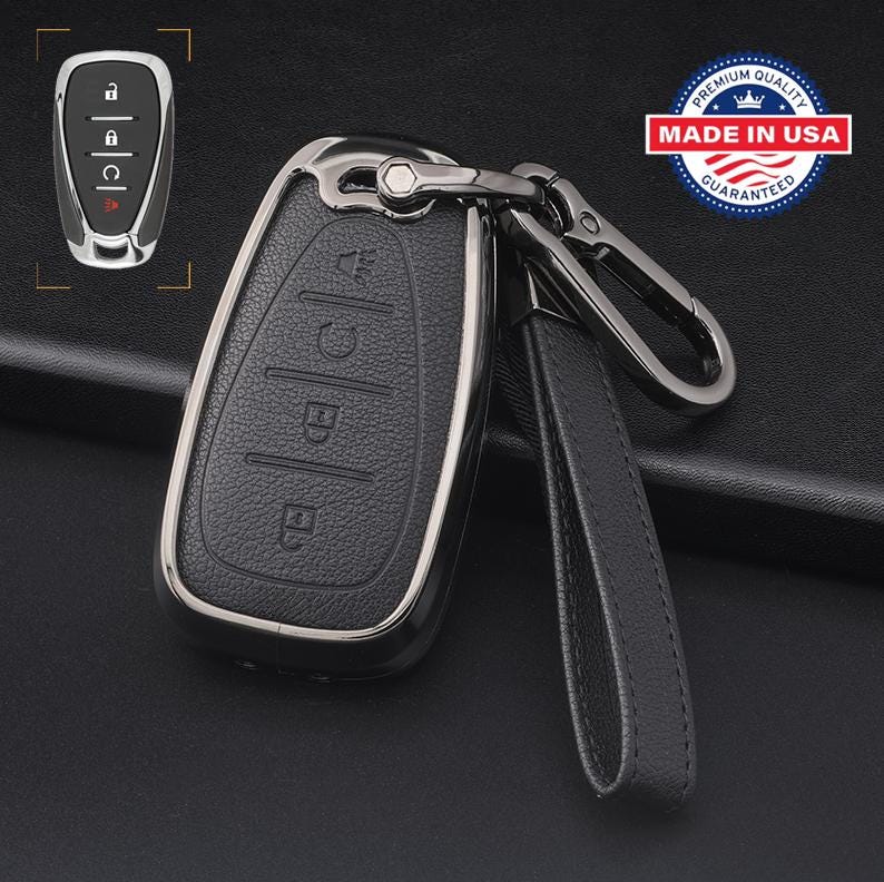 Customizable Leather & Aluminum Key Fob Cover Keychain Protector for Chevrolet-Chevy (5-Button)