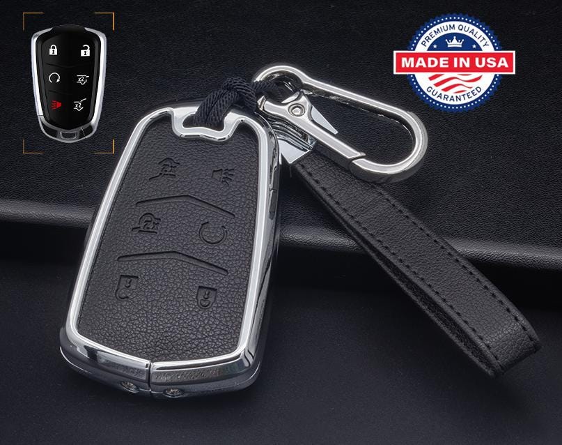 Customizable Leather & Aluminum Key Fob Cover with Keychain for Cadillac (6-button)