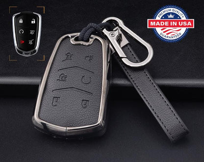 Customizable Leather & Aluminum Key Fob Cover with Keychain for Cadillac (6-button)