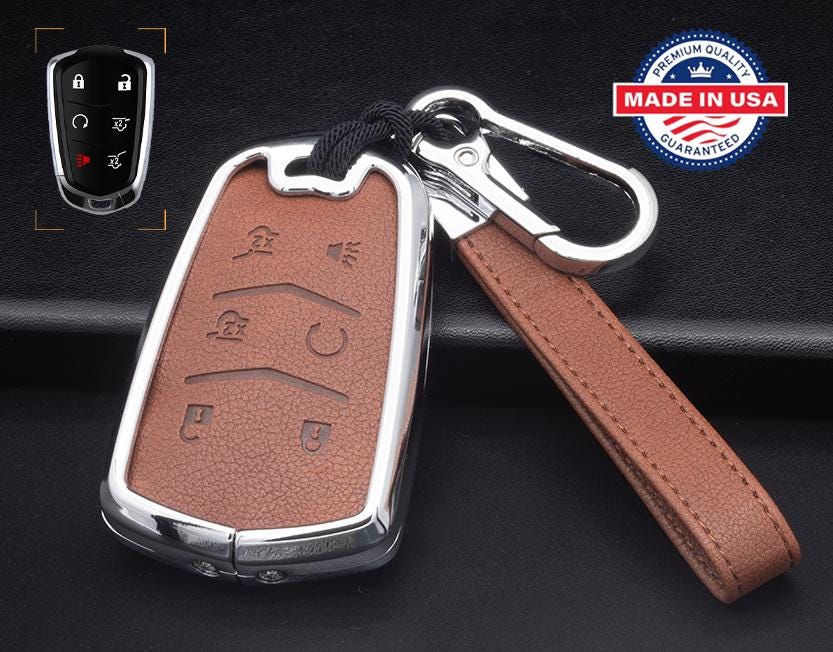 Customizable Leather & Aluminum Key Fob Cover with Keychain for Cadillac (6-button)