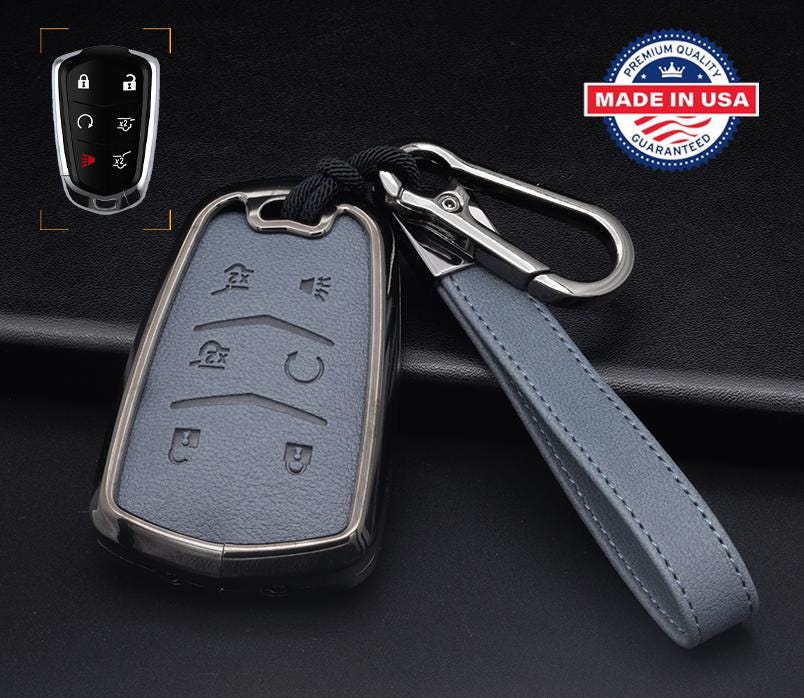 Customizable Leather & Aluminum Key Fob Cover with Keychain for Cadillac (6-button)