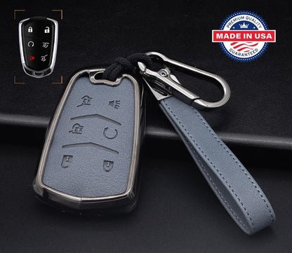 Customizable Leather & Aluminum Key Fob Cover with Keychain for Cadillac (6-button)