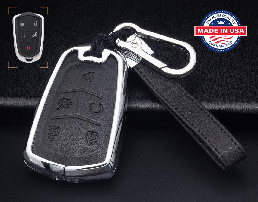 Customizable Leather & Aluminum Key Fob Cover with Keychain for Cadillac (5-button)