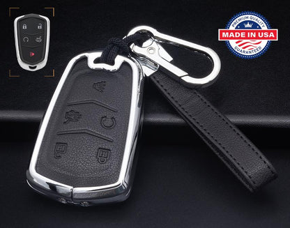 Customizable Leather & Aluminum Key Fob Cover with Keychain for Cadillac (5-button)
