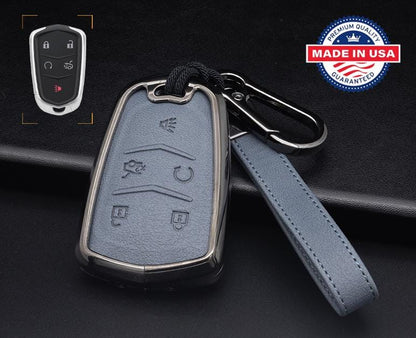 Customizable Leather & Aluminum Key Fob Cover with Keychain for Cadillac (5-button)