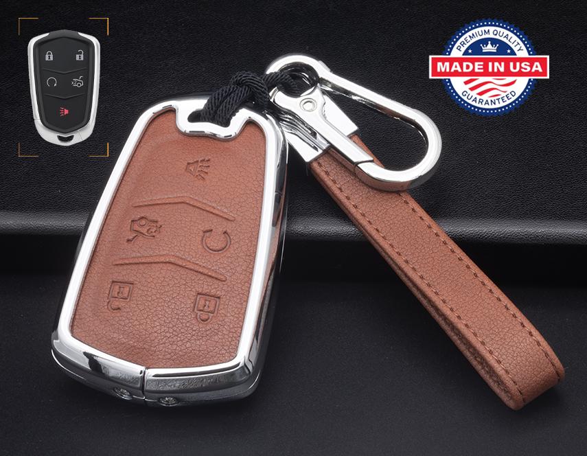 Customizable Leather & Aluminum Key Fob Cover with Keychain for Cadillac (5-button)