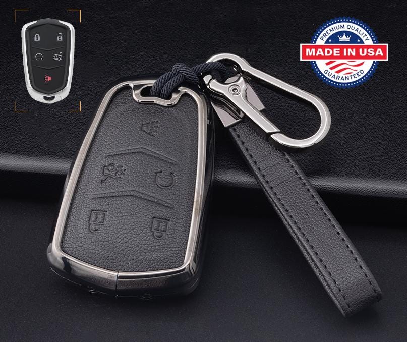 Customizable Leather & Aluminum Key Fob Cover with Keychain for Cadillac (5-button)