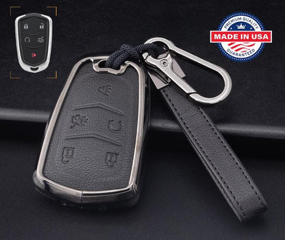 Customizable Leather & Aluminum Key Fob Cover with Keychain for Cadillac (5-button)