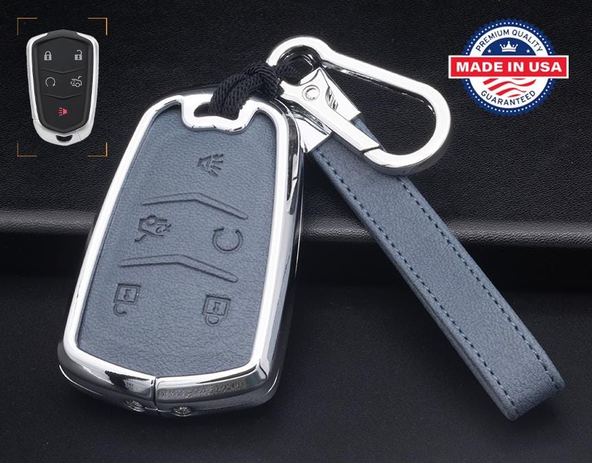 Customizable Leather & Aluminum Key Fob Cover with Keychain for Cadillac (5-button)