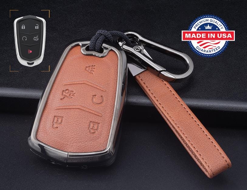 Customizable Leather & Aluminum Key Fob Cover with Keychain for Cadillac (5-button)