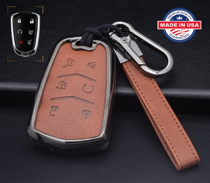 Customizable Leather & Aluminum Key Fob Cover with Keychain for Cadillac (6-button)
