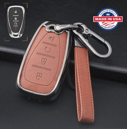 For Chevrolet  - customizable Leather Key Fob Cover with Aluminum Shell & Keychain  (4-Button)