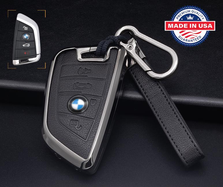 Customizable Leather & Aluminum Key Fob Cover Set for BMW with Keychain