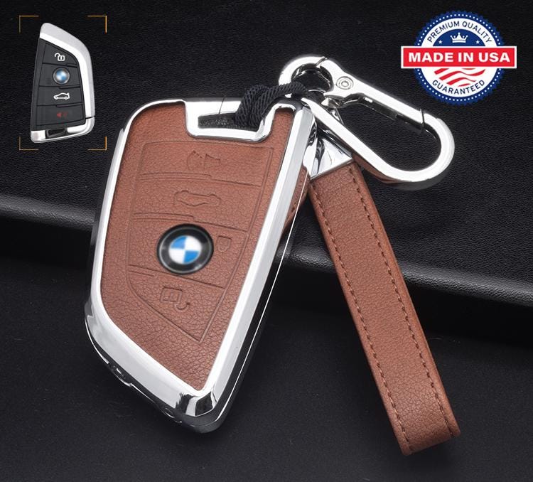 Customizable Leather & Aluminum Key Fob Cover Set for BMW with Keychain