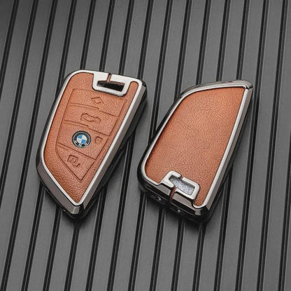 Customizable Leather & Aluminum Key Fob Cover Set for BMW with Keychain