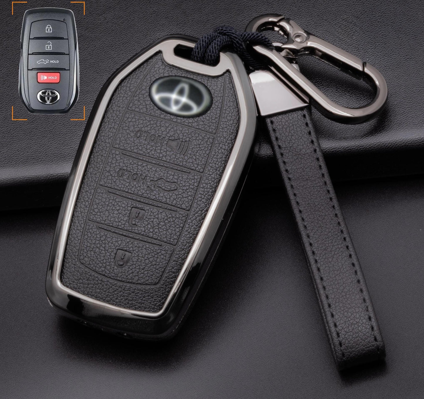 For Toyota  - Customizable Leather Key Fob Cover with Aluminum Shell & Keychain (4-button)