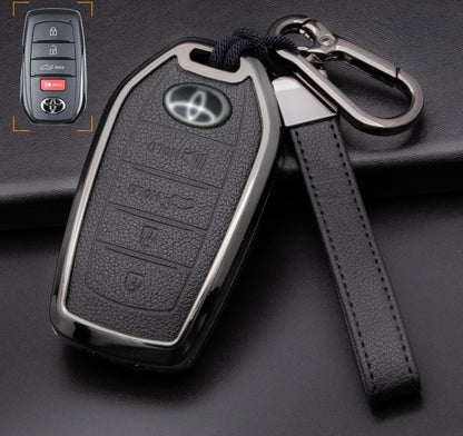 For Toyota  - Customizable Leather Key Fob Cover with Aluminum Shell & Keychain (4-button)