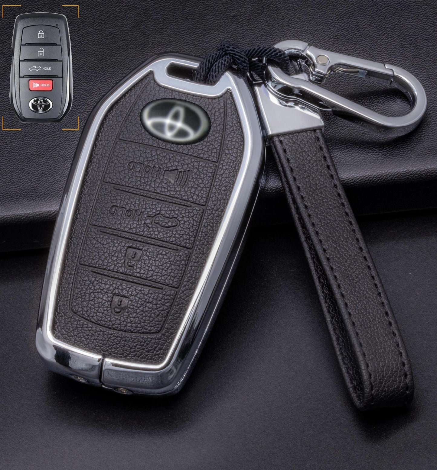 For Toyota  - Customizable Leather Key Fob Cover with Aluminum Shell & Keychain (4-button)