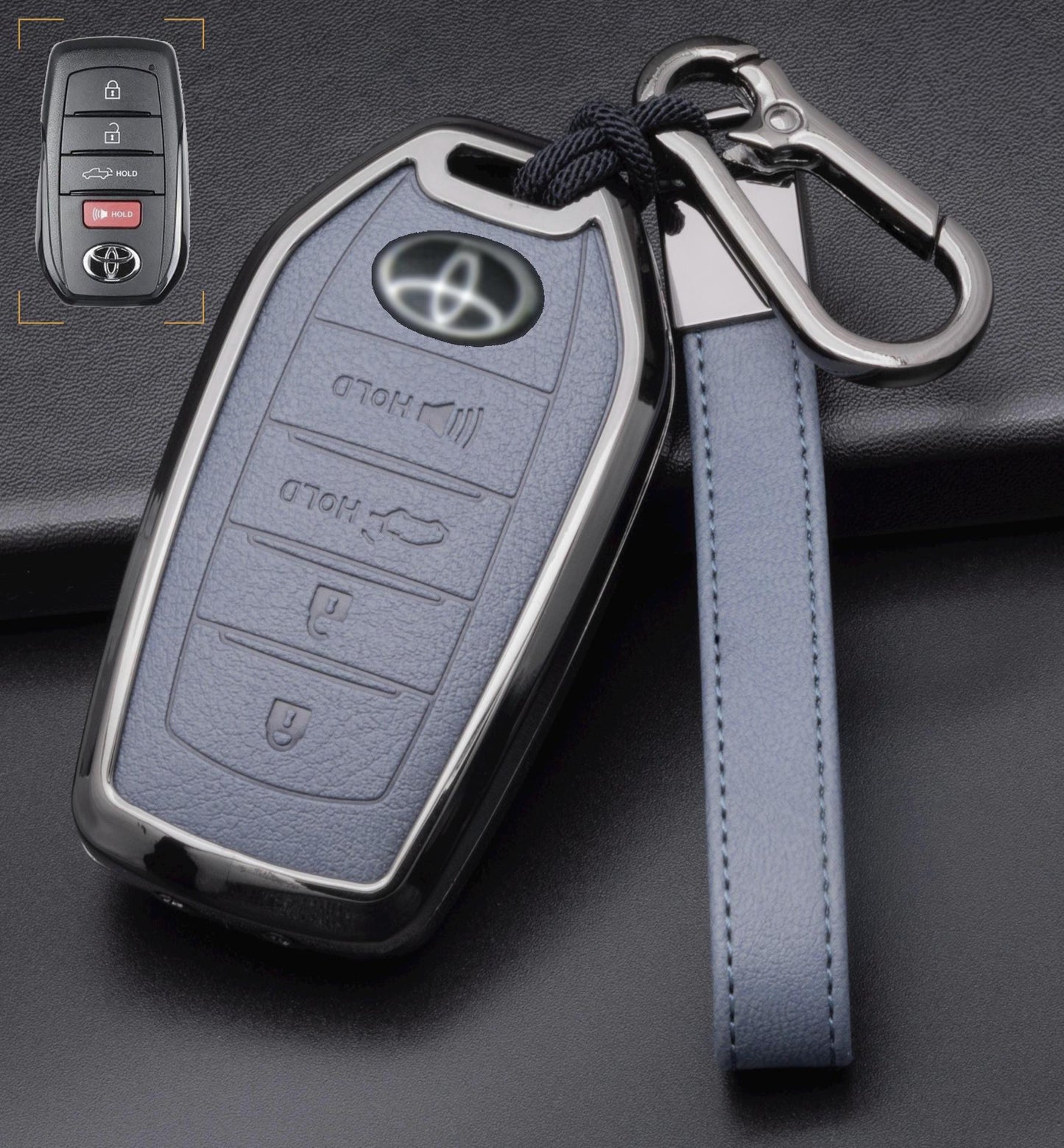 For Toyota  - Customizable Leather Key Fob Cover with Aluminum Shell & Keychain (4-button)