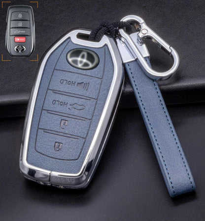 For Toyota  - Customizable Leather Key Fob Cover with Aluminum Shell & Keychain (4-button)