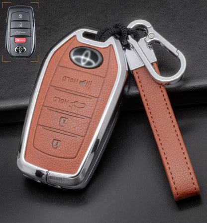 For Toyota  - Customizable Leather Key Fob Cover with Aluminum Shell & Keychain (4-button)