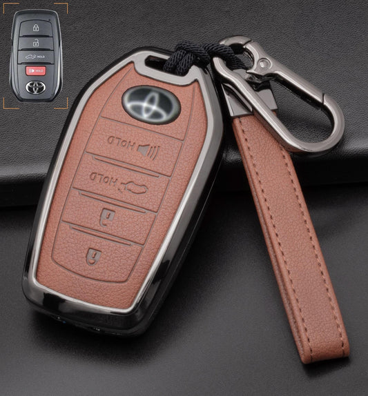 For Toyota  - Customizable Leather Key Fob Cover with Aluminum Shell & Keychain (4-button)