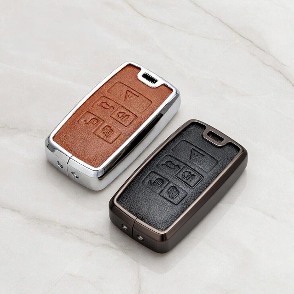 Leather and aluminum Land Rover & Jaguar key fob cover set with keychain from Kollen US, showcasing sleek, durable design.