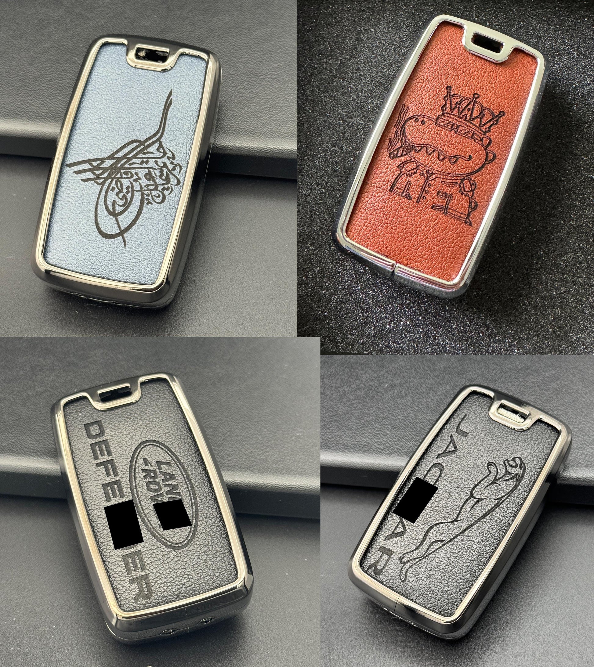 Leather and aluminum Land Rover & Jaguar key fob cover set with keychain by Kollen US, designed for secure key protection and style.