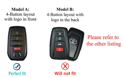 Customizable leather key fob cover with aluminum shell and keychain for Toyota, featuring 4-button design by Mestiere Coriaceo.