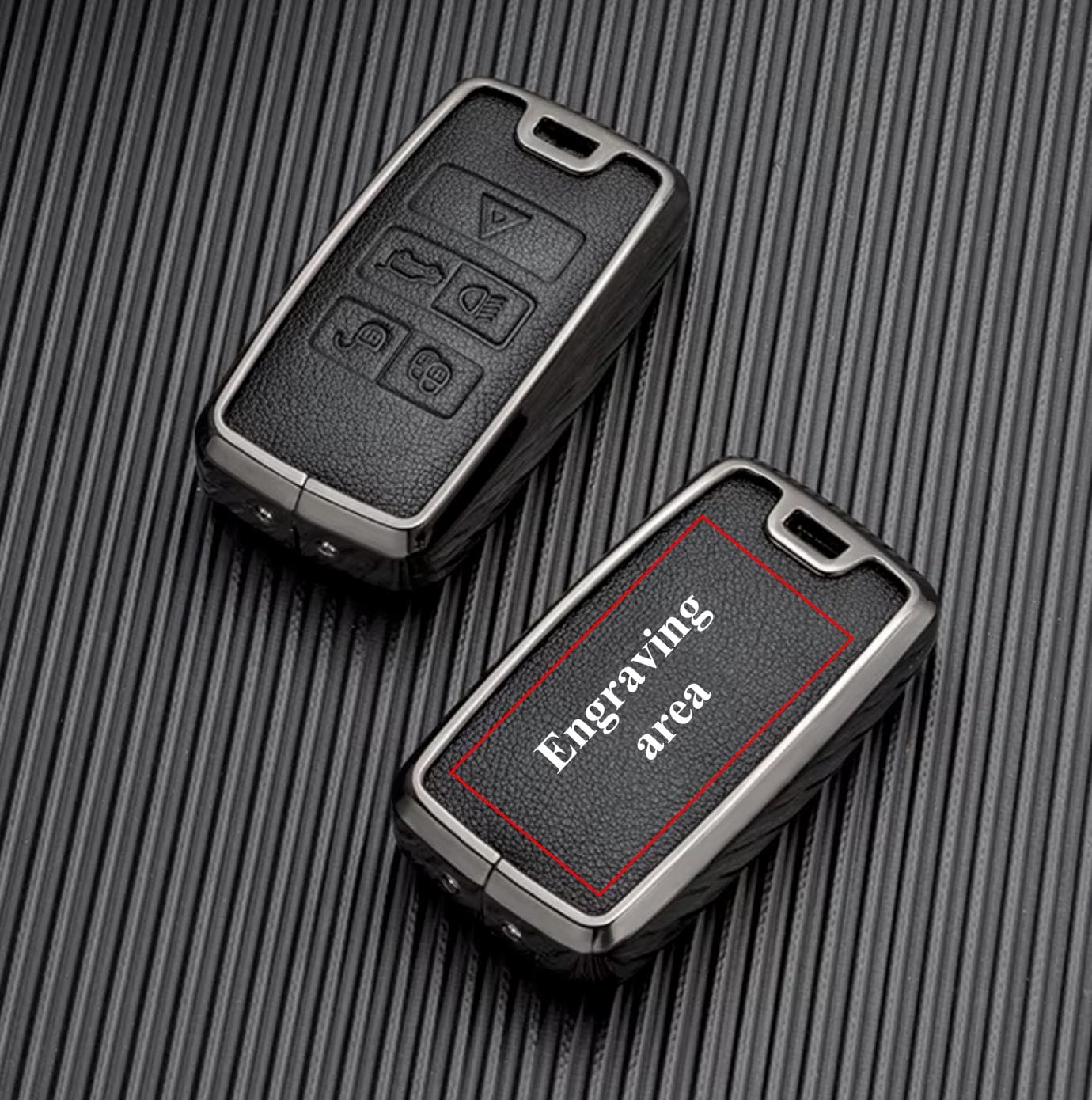 Leather and aluminum Land Rover and Jaguar key fob cover set with keychain by Kollen US, featuring sleek design and branding.