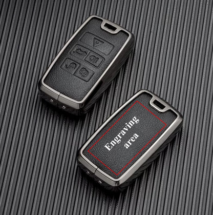 Leather and aluminum Land Rover and Jaguar key fob cover set with keychain by Kollen US, featuring sleek design and branding.