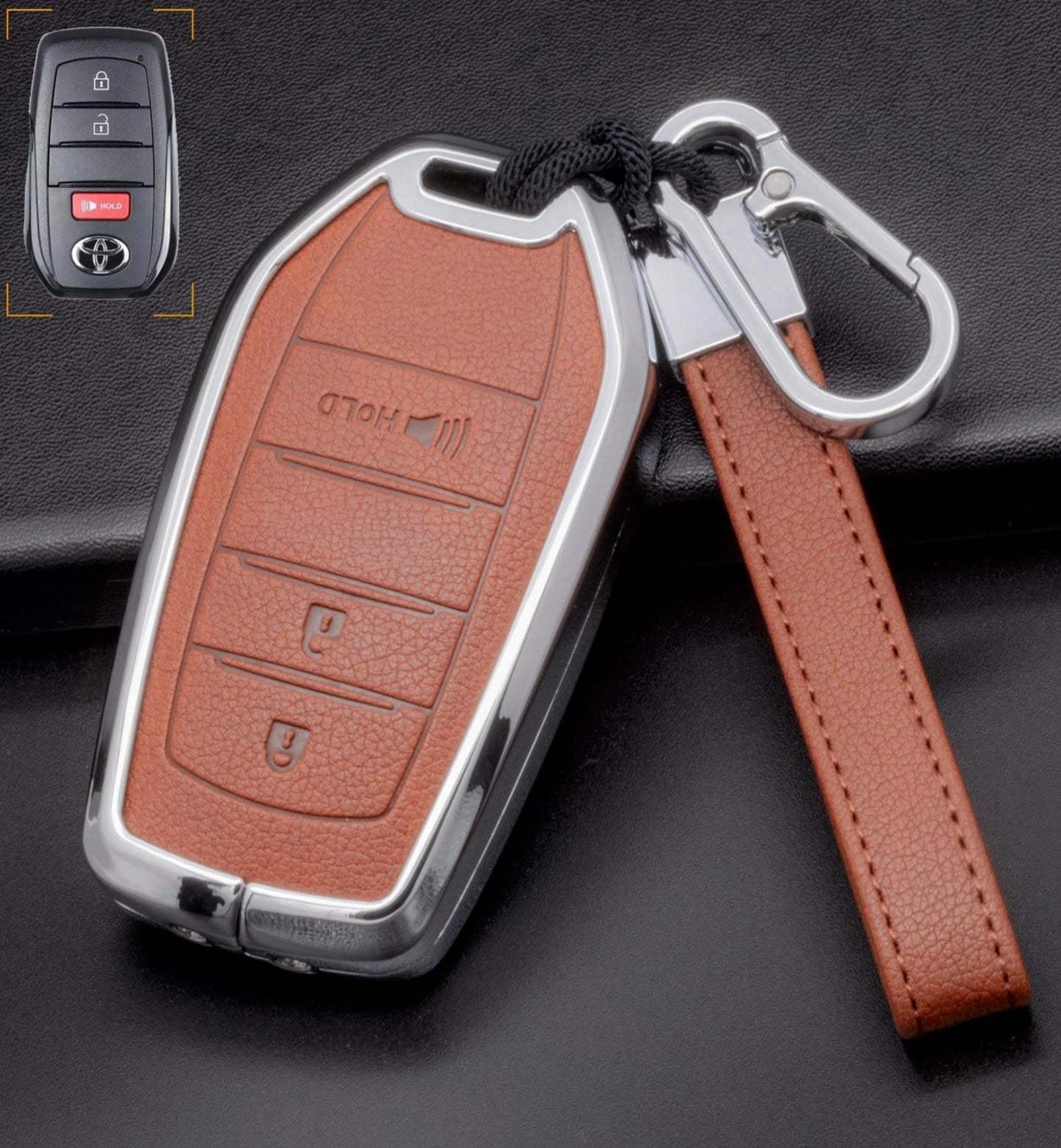 Toyota key fob cover with 3-button design for Corolla, Highlander, Tacoma, by Kollen US, shown on a keychain.