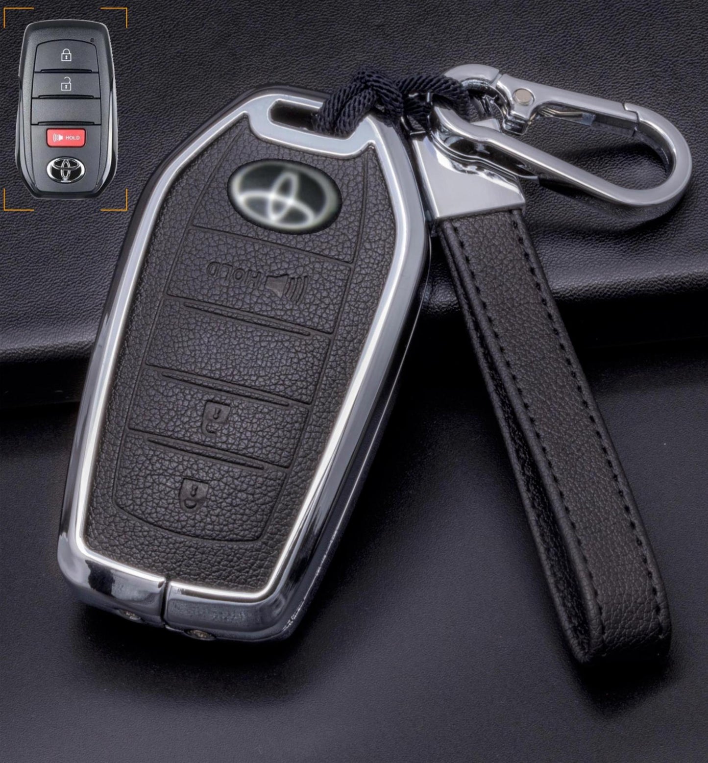 Kollen US Toyota key fob cover with 3 buttons, designed for Corolla, Highlander, and Tacoma vehicle keychains.