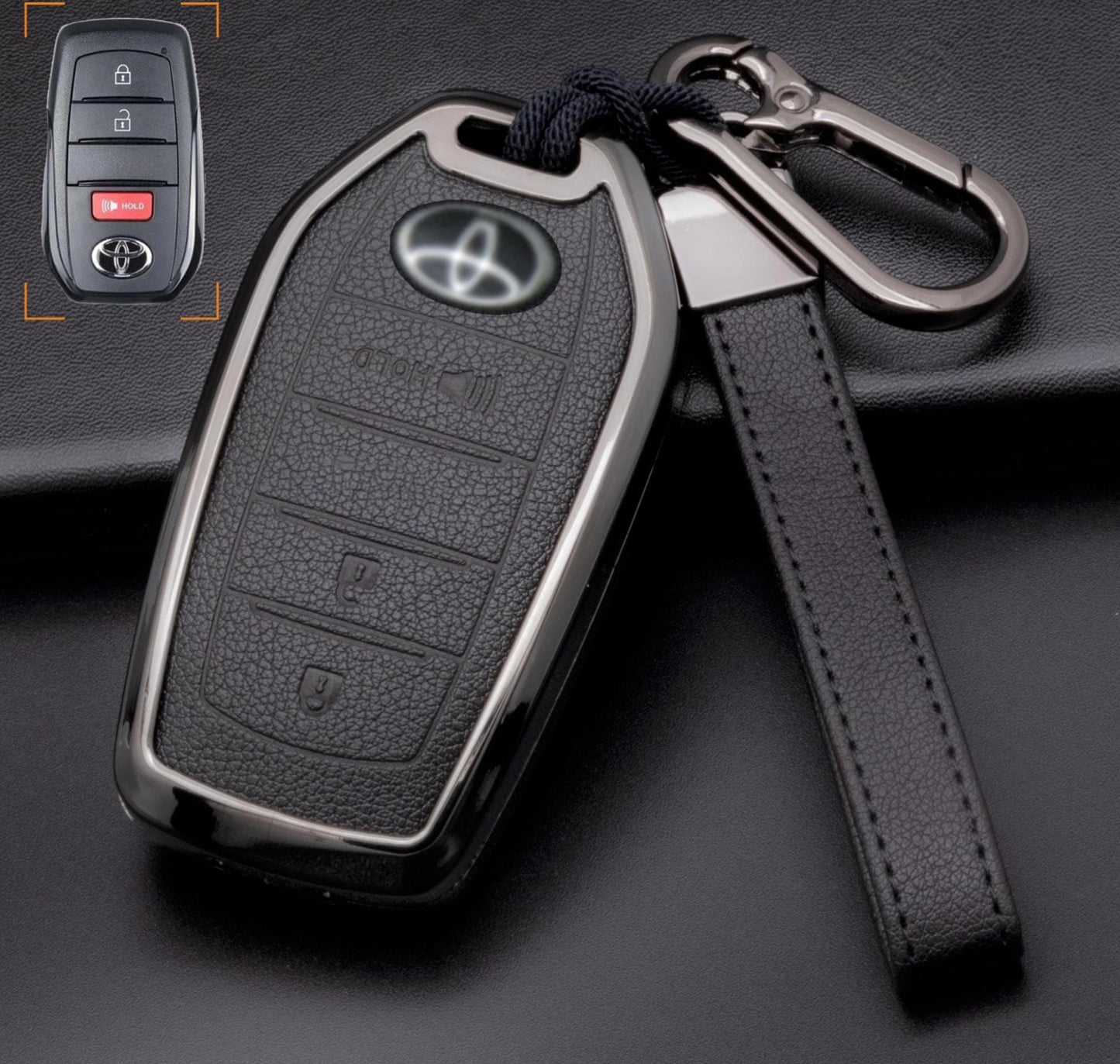 Kollen US Toyota key fob cover with 3 buttons for Corolla, Highlander, Tacoma, shown in black with textured surface.