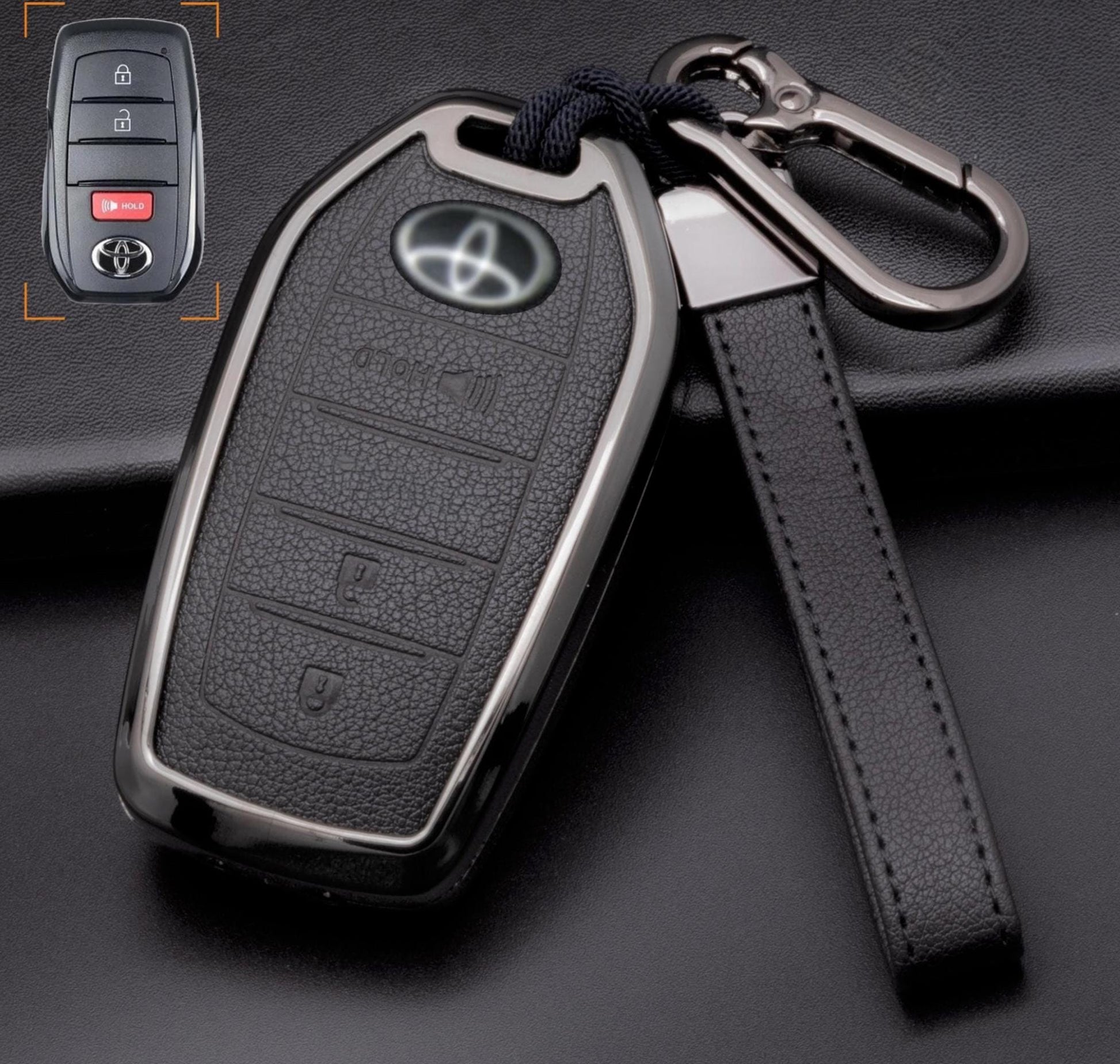 Kollen US Toyota key fob cover with 3 buttons for Corolla, Highlander, Tacoma, shown in black with textured surface.