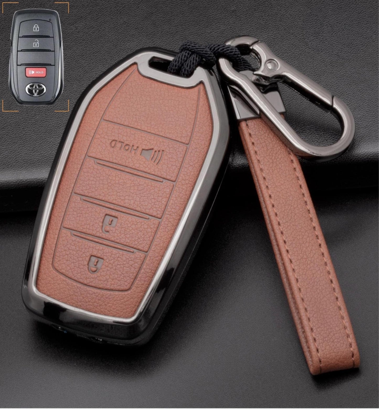 Kollen US 3-button Toyota key fob cover for Corolla, Highlander, Tacoma, showing black protective case with keychain attachment.