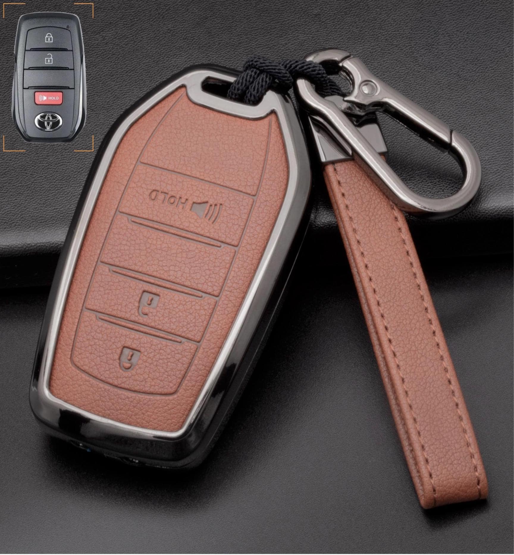 Kollen US 3-button Toyota key fob cover for Corolla, Highlander, Tacoma, showing black protective case with keychain attachment.