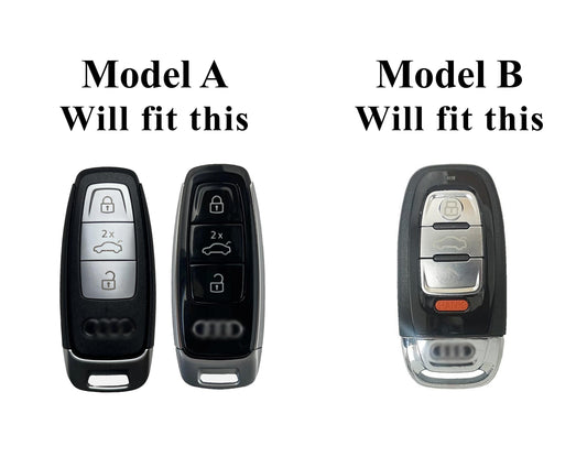 Customizable leather and aluminum key fob cover with keychain for Audi key fobs, featuring sleek design by Mestiere Coriaceo.