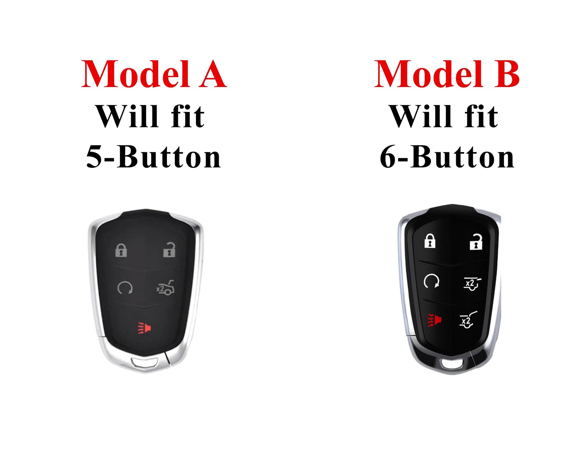 Leather and aluminum Cadillac key fob cover with keychain, customizable 5/6-button design by Mestiere Coriaceo, shown on a car key.